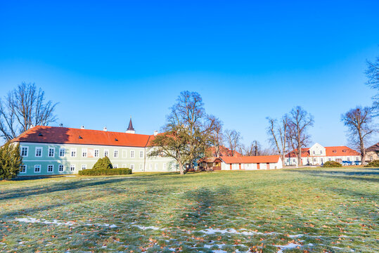 Scenic view of the National Stud Farm in Kladruby nad Labem, a UNESCO World Heritage site famous for breeding Kladruber ceremonial carriage horses.