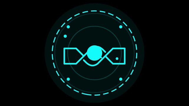 Futuristic cyber security interface icon featuring a glowing cyan HUD circle and DNA structure in 4K resolution graphic style