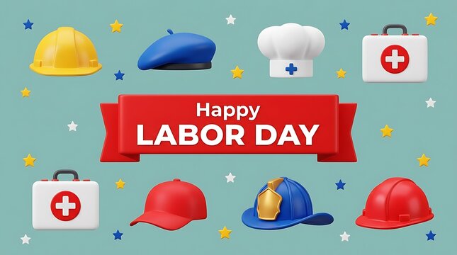 Happy labor day greeting card with various work hats and tools