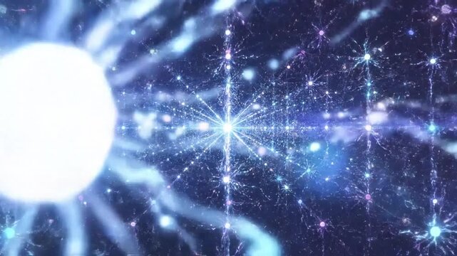 Abstract Energy Network: A brilliant white orb radiates powerful energy, connecting to a complex, glowing network of light particles against a deep blue, starry expanse.