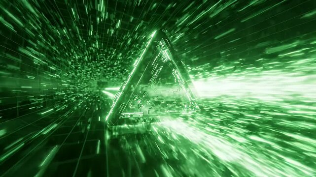 Futuristic Green Glowing Triangle in Digital Tunnel Animation - A luminous green triangle, etched with circuitry, speeds through a digital tunnel.