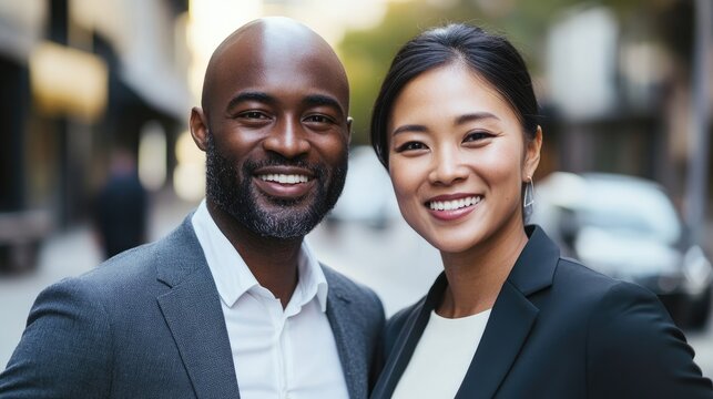 A man and a woman standing side by side on a city street, both dressed in business attire.