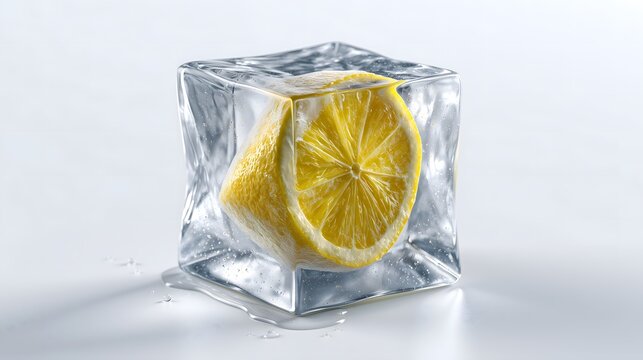 Crystal Clear Ice Cube with Frozen Lemon Slice on White Background
透明なキューブアイスに閉じ込められたレモンスライス 白背景