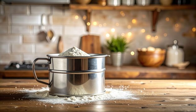 Stainless steel flour sifter filled with white flour on a rustic wooden kitchen table with warm bokeh background and ample copy space for culinary designs.