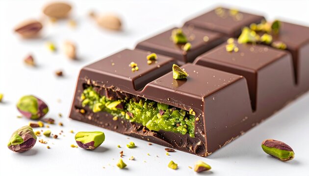 Dubai chocolate pistachio bar cut open with rich molten filling on a white background with spacious copy space, luxury dessert photography, high detail

