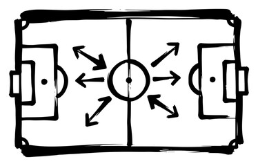 Soccer pitch strategy diagram with movement arrows in hand drawn ink style © AnimalZOO