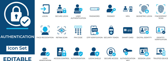 User authentication and cyber security vector icon set. Includes biometric login, MFA, password, fingerprint, face recognition, secure access. © Illustra_Vibe