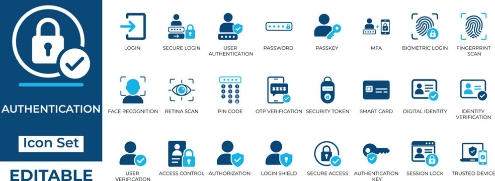 User authentication and cyber security vector icon set. Includes biometric login, MFA, password, fingerprint, face recognition, secure access.