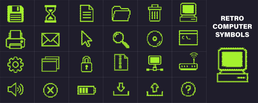 Retro computer symbol icon set with pixel interface, desktop system and vintage digital line icons in monochrome green style