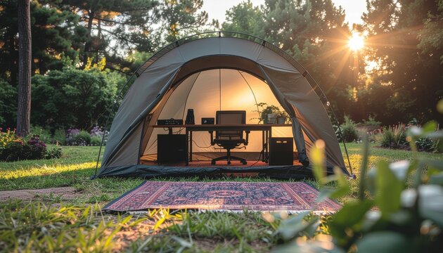 Innovative Outdoor Office Setup in a Tent.