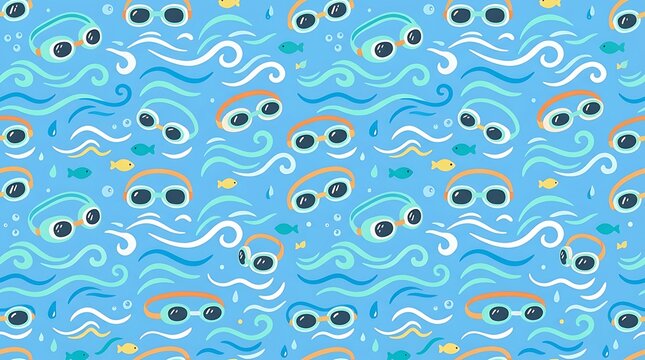 Swimming goggles and ocean waves seamless pattern on blue background