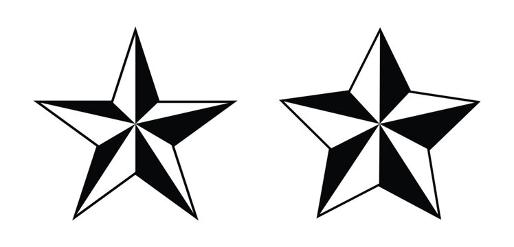 Lone star icon set in black and white. Five point geometric star symbol vector isolated on transparent background