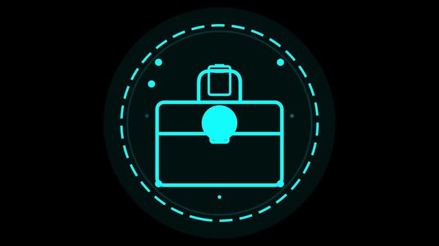Futuristic Neon Blue Briefcase Icon in a Circular Digital Interface Frame on Black Background for Cyber Business and Technology Concepts