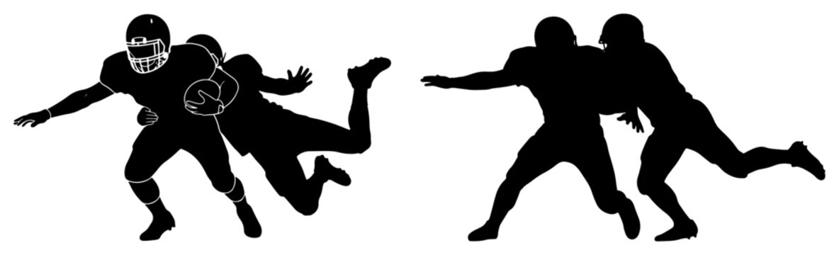 American football players tackling and running during match in black silhouette style