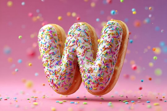 Cute 3D Letter W Designed with Donut Frosting and Rainbow Sprinkles