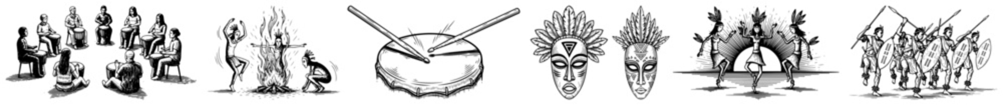 Tribal ceremony scenes with drum circle fire dance and masks in engraving style