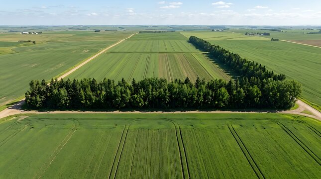 Aerial view of geometric green farm fields and protective tree lines