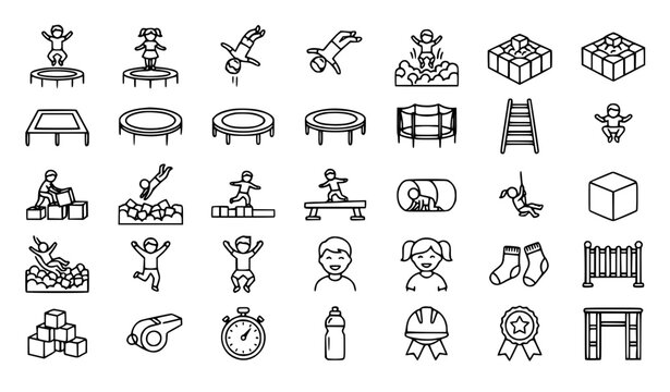 Premium trampoline park and kids activity line icons set