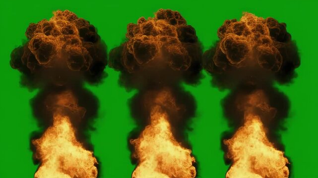 Explosion progression with increasing intensity on green screen background
