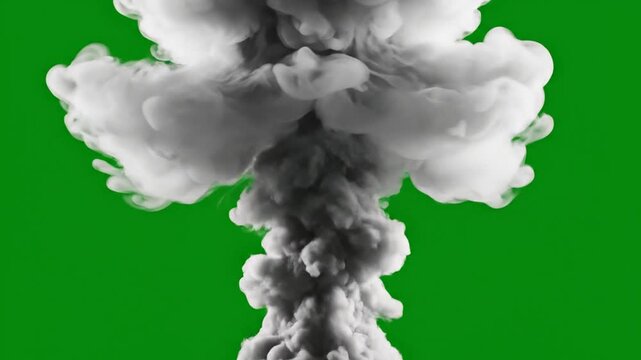 Explosive Cloud of Smoke: A powerful explosion erupts, creating a massive, billowing cloud of grey and white smoke against a vibrant green background, evoking a sense of dramatic impact.