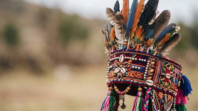 Intricate traditional tribal headdress with colorful feathers and beads