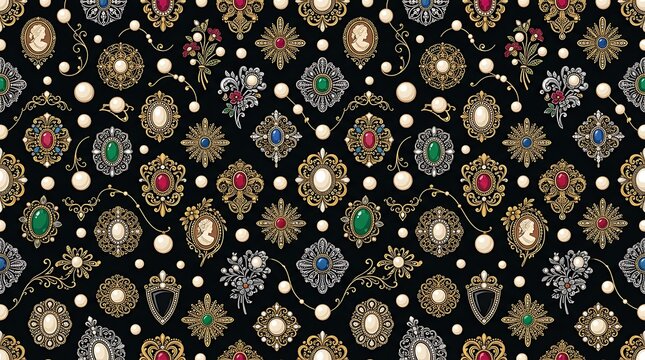 Antique jewelry seamless pattern with vintage brooches and pearls