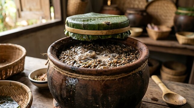 Fermenting mixture bubbling inside an earthenware vessel in rustic kitchen