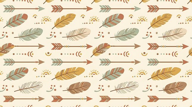 Boho style seamless pattern featuring tribal arrows and feathers