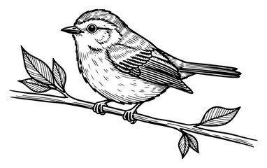 Songbird perched on tree branch with leaves in detailed line art style © AnimalZOO