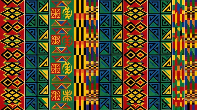 Colorful traditional african kente textile patterns with symbols