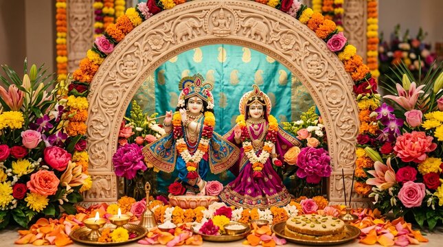 Radha Ashtami celebration photography, colorful temple interior with Radha-Krishna idols adorned with fresh flowers