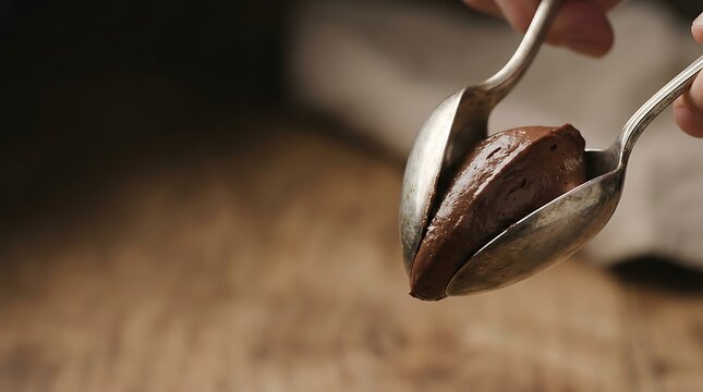 Shaping a dark chocolate mousse quenelle with silver spoons