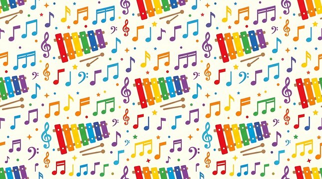 Rainbow xylophone and musical notes seamless pattern