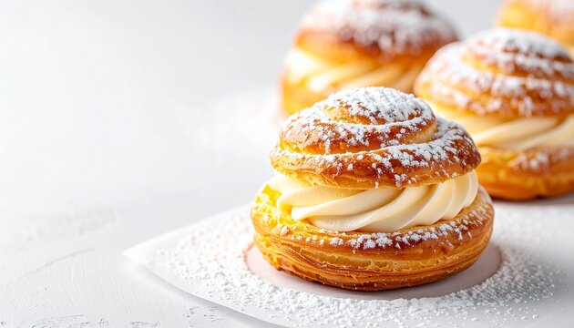 Cromboloni pastry filled with vanilla cream and dusted with sugar on a bright white background with copy space, ultra realistic bakery photography
