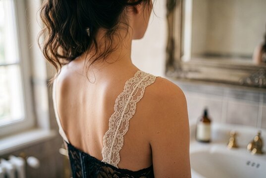 Macro Shot of Lace Strap on Woman's Shoulder Back View