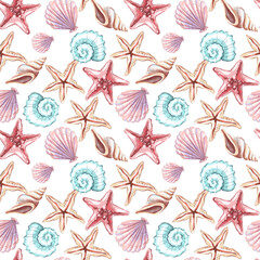 Naklejka premium Seamless pattern with watercolor sea shells and starfishes