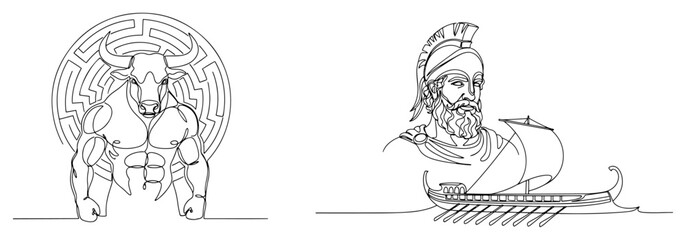 Fototapeta premium Greek mythology symbols set featuring minotaur and ancient warrior in single continuous line art style