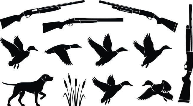 Hunting Silhouette Collection with Shotguns, Flying Ducks, Hunting Dog and Nature Elements for Outdoor Wildlife Sports Vector Design