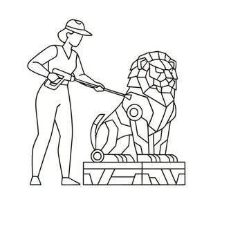 Person cleaning a geometric lion statue with a pressure washer