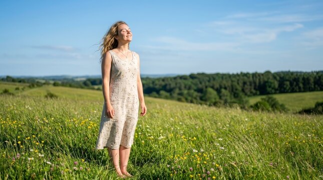 Woman in white dress standing in green meadow.