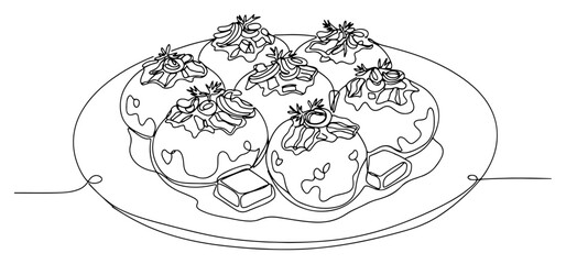 Takoyaki octopus balls served on plate in minimalist one line art style © AnimalZOO