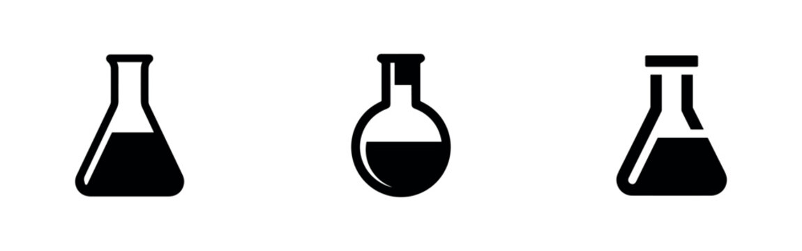 Erlenmeyer Flask Laboratory Icons Set. Chemical Experiment Glassware. Science Lab Beaker Symbols for Research and Education.