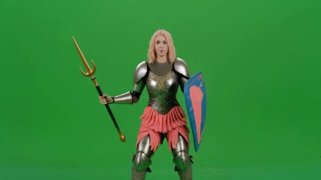 Female warrior in armor with spear and shield standing against green screen cinematic motion diverse poses