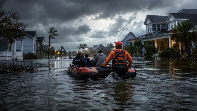 Dramatic editorial photography capturing a rescue operation in a flooded urban neighborhood during stormy weather rescue and disaster response focused image