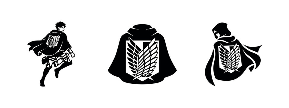 Survey Corps Cloak and Character Icons. Anime Wings of Freedom Emblem. Attack on Titan Symbols for Military and Fantasy.