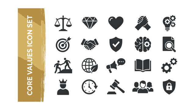 Set of black icons on white background for business and core values  concepts