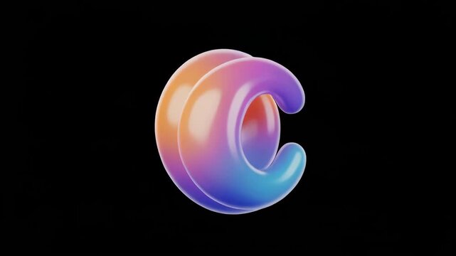 Glossy C Letter Rotating With Rainbow Gradient Light Against Dark Background