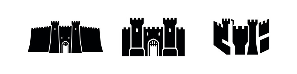Attack on Titan castle fortress vector icon set. Paradis island stronghold silhouette illustration. © Lili