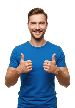 Handsome young caucasian man in a royal blue t-shirt enthusiastically giving a double thumbs up, smiling confidently. isolated on a seamless high-key white background. concept of universal approval