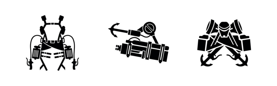 Attack on Titan Omni-Directional Mobility Gear vector icon set. ODM equipment silhouette illustration.